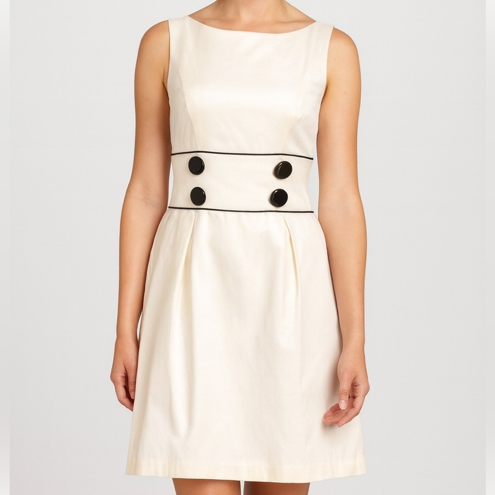 Democracy Beige Silky Sleeveless Black Button Accent Dress 10 Medium - Picture 9 of 10